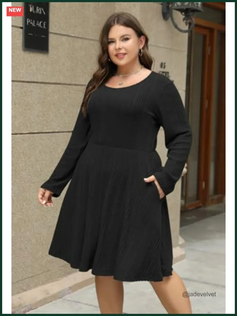 Plus Size Midi Swing Dress with Pockets, Long Sleeve Scoop Neck Ribbed Knit